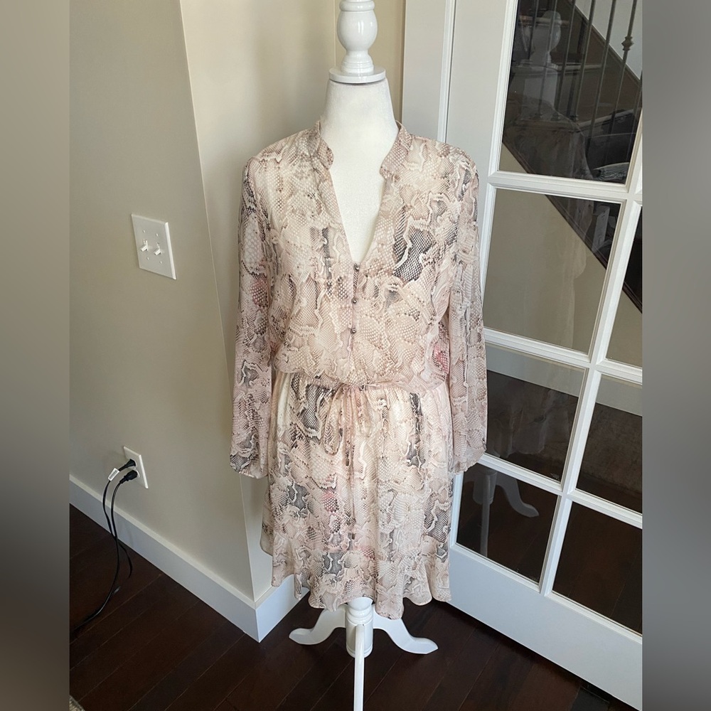 White House Black Market Snake Print Blouson Long Sleeve Ruffle Hem Dress